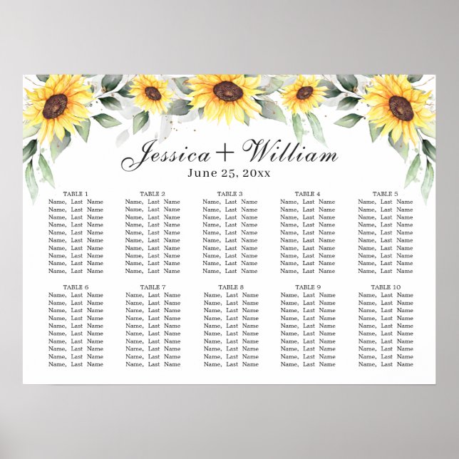 Sunflowers Eucalyptus 10 Tables SEATING CHART (Front)