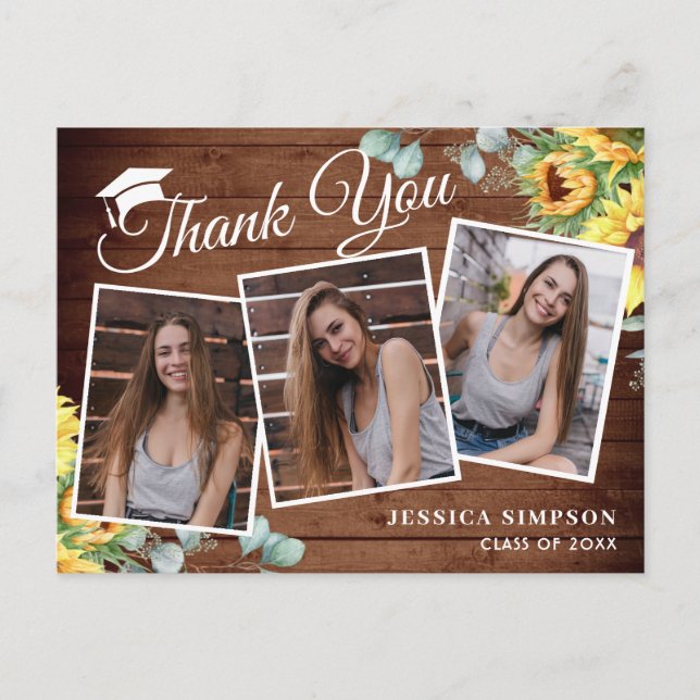 Sunflowers Eucalyptus 3 PHOTO Graduation Thank You Postcard (Front)