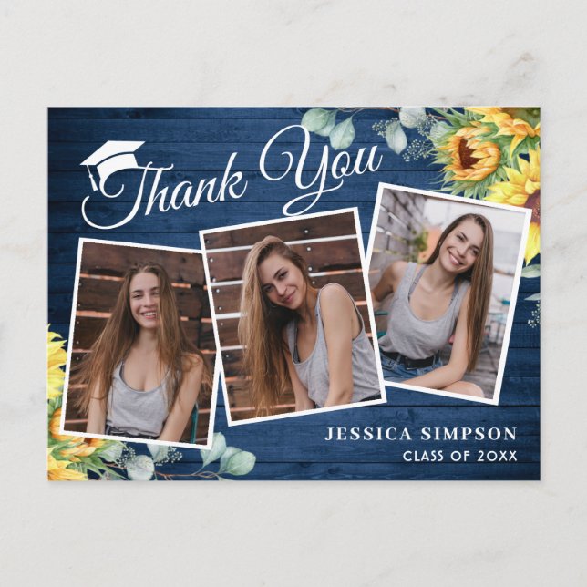 Sunflowers Eucalyptus 3 PHOTO Graduation Thank You Postcard (Front)