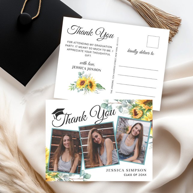 Sunflowers Eucalyptus 3 PHOTO Graduation Thank You Postcard (Creator Uploaded)