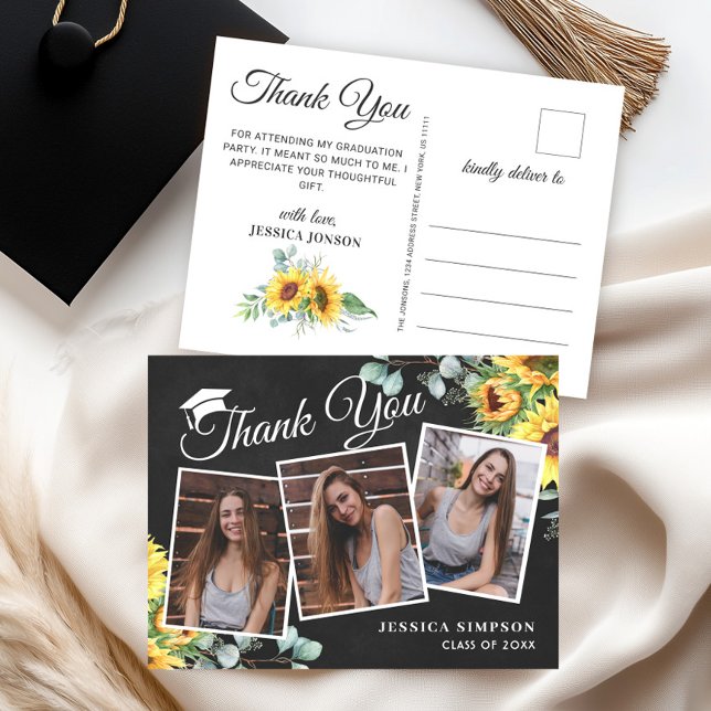 Sunflowers Eucalyptus 3 PHOTO Graduation Thank You Postcard (Creator Uploaded)