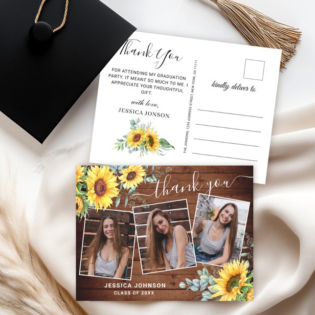 Sunflowers Eucalyptus 3 PHOTO Graduation Thank You Postcard (Creator Uploaded)