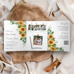 Sunflowers Eucalyptus All in One QR Code Wedding Tri-Fold Invitation