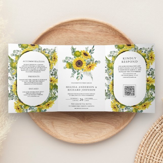 Sunflowers Eucalyptus All in One QR Code Wedding Tri-Fold Invitation (Creator Uploaded)