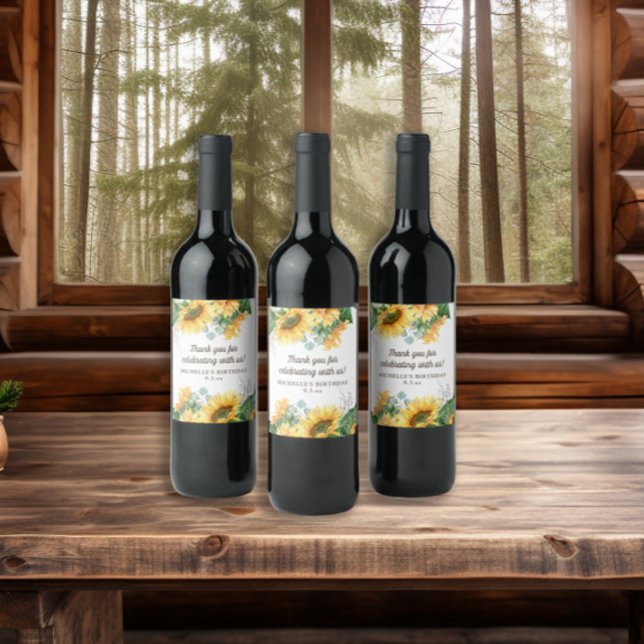 Sunflowers Eucalyptus Birthday Party Thank You Wine Label (Sunflower birthday party wine bottle labels)