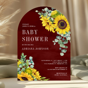 Sunflowers Eucalyptus Burgundy Arch Baby Shower Invitation