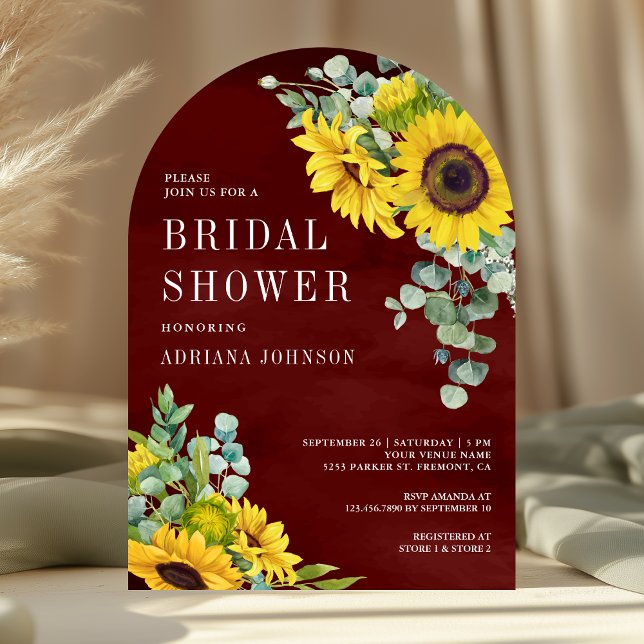 Sunflowers Eucalyptus Burgundy Arch Bridal Shower Invitation (Creator Uploaded)