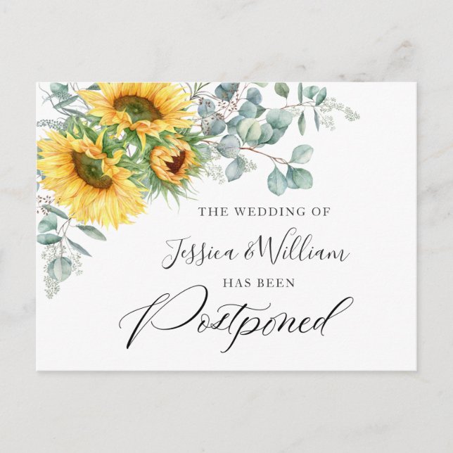Sunflowers Eucalyptus Chic Wedding Postponed Postcard (Front)