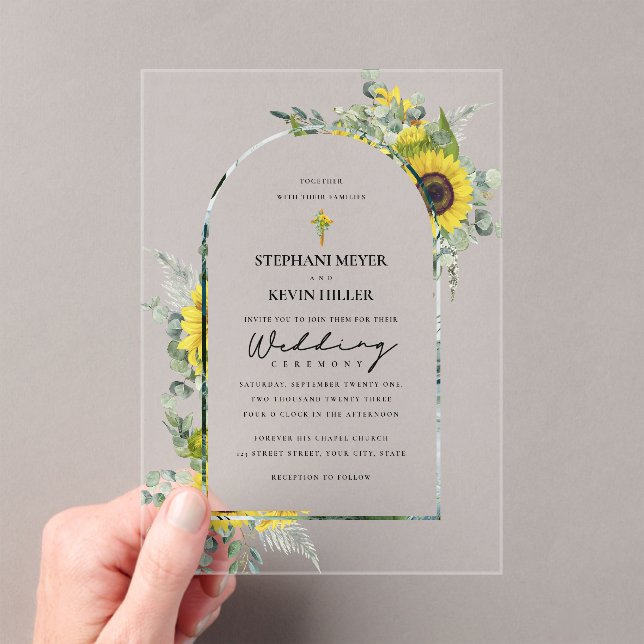 Sunflowers & Eucalyptus Cross Wedding Acrylic Invitations (Insitu (Handheld))