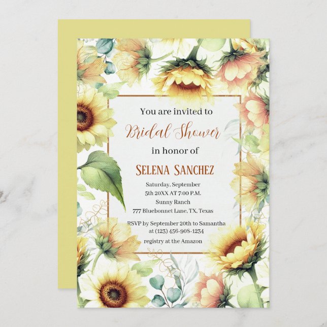 Sunflowers Eucalyptus Floral Bride Bridal Shower  Invitation (Front/Back)