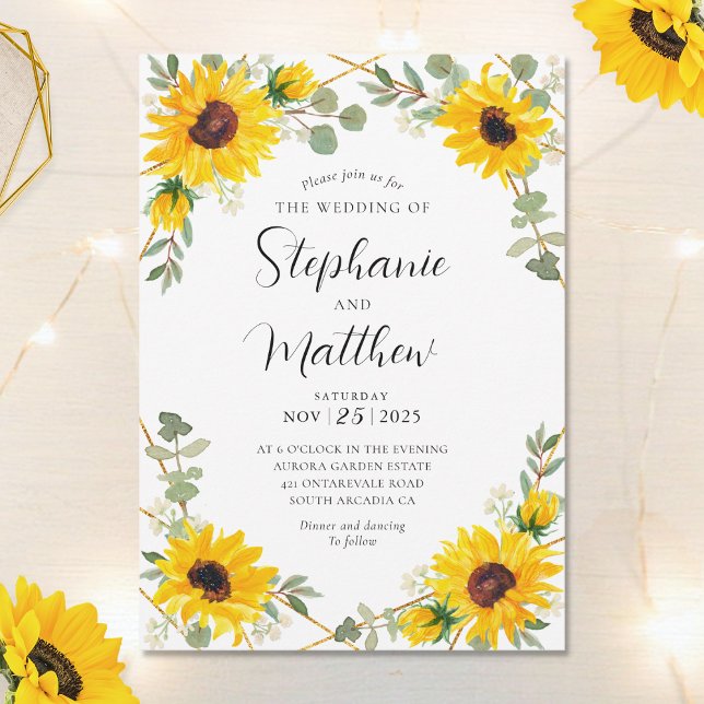 Sunflowers Eucalyptus Geometric Botanical Wedding Invitation (Creator Uploaded)