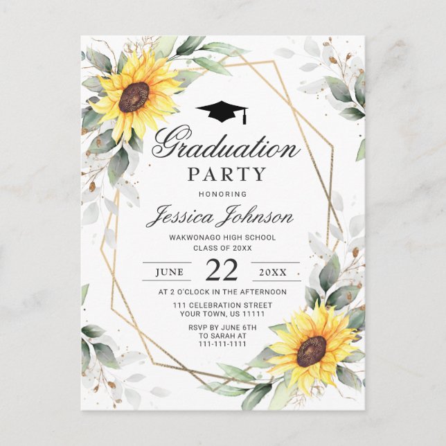 Sunflowers Eucalyptus Graduation Party Invitation Postcard (Front)