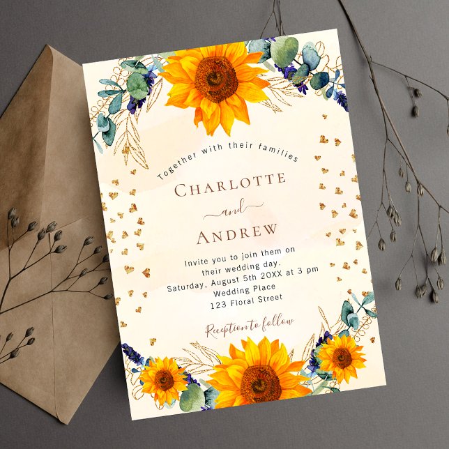 Sunflowers eucalyptus greenery gold hearts wedding invitation (Creator Uploaded)