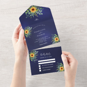 Sunflowers eucalyptus greenery navy blue wedding all in one invitation