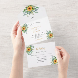 Sunflowers eucalyptus greenery wedding all in one invitation