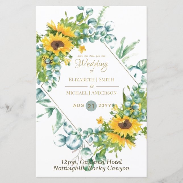 Sunflowers Eucalyptus Greenery Wedding Invitations (Front)