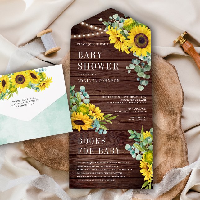 Sunflowers Eucalyptus Leaves Barn Wood Baby Shower All In One Invitation (Creator Uploaded)