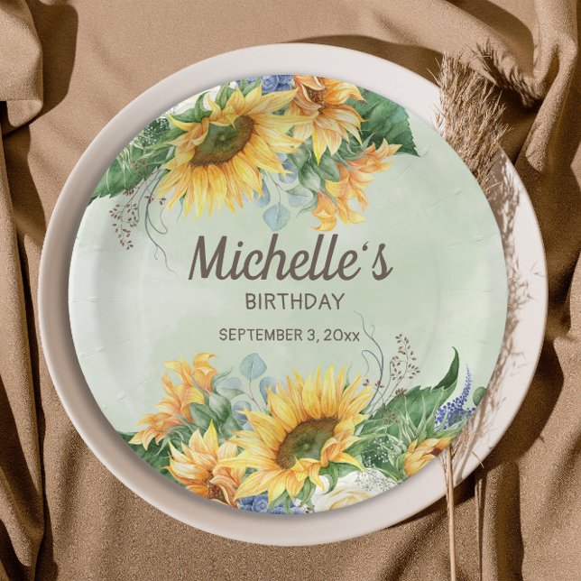 Sunflowers Eucalyptus Leaves Birthday Name Date Paper Plate (Sunflowers and eucalyptus birthday party paper plates)