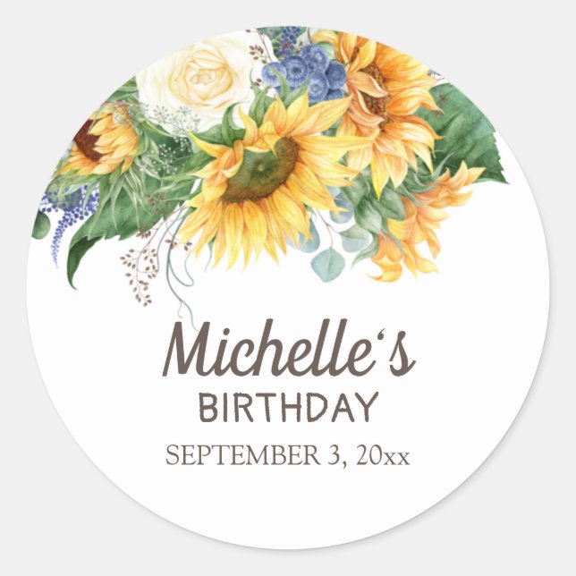 Sunflowers Eucalyptus Leaves Birthday Party Name  Classic Round Sticker (Front)