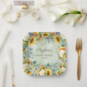 Sunflowers Eucalyptus Leaves Bridal Shower Square Paper Plate