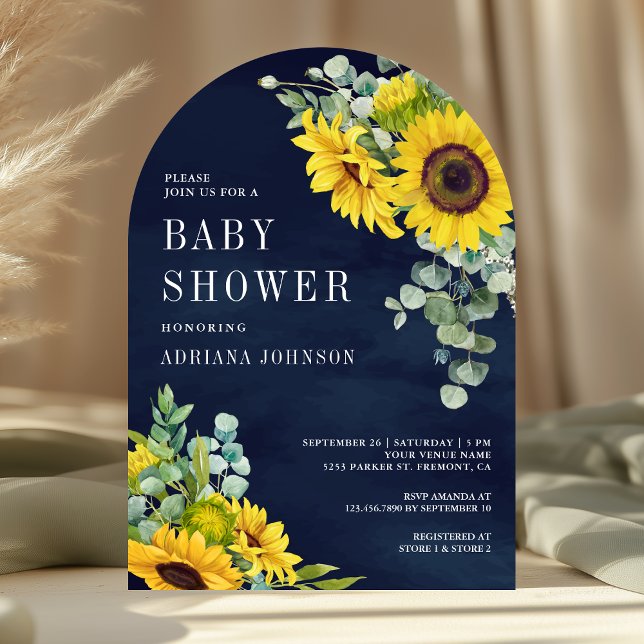 Sunflowers Eucalyptus Navy Blue Arch Baby Shower Invitation (Creator Uploaded)