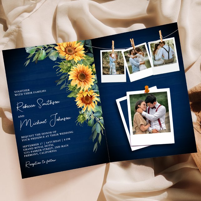 Sunflowers Eucalyptus Navy Blue QR Code Wedding Invitation (Creator Uploaded)