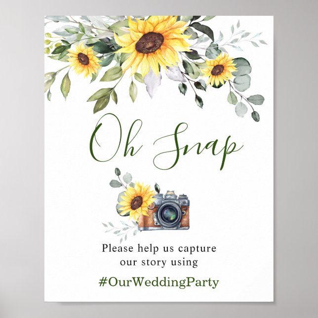 Sunflowers Eucalyptus Oh Snap Hashtag Wedding Sign (Front)