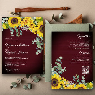Sunflowers Eucalyptus QR Code Burgundy Wedding Invitation