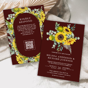 Sunflowers Eucalyptus QR Code Burgundy Wedding Invitation