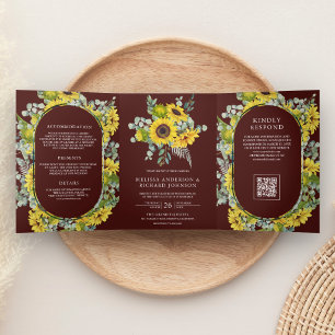 Sunflowers Eucalyptus QR Code Burgundy Wedding Tri-Fold Invitation