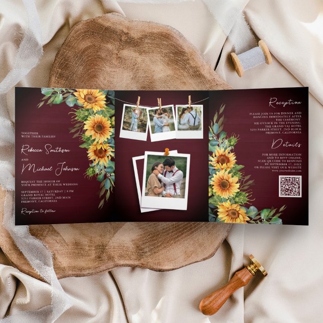 Sunflowers Eucalyptus QR Code Burgundy Wedding Tri-Fold Invitation (Creator Uploaded)