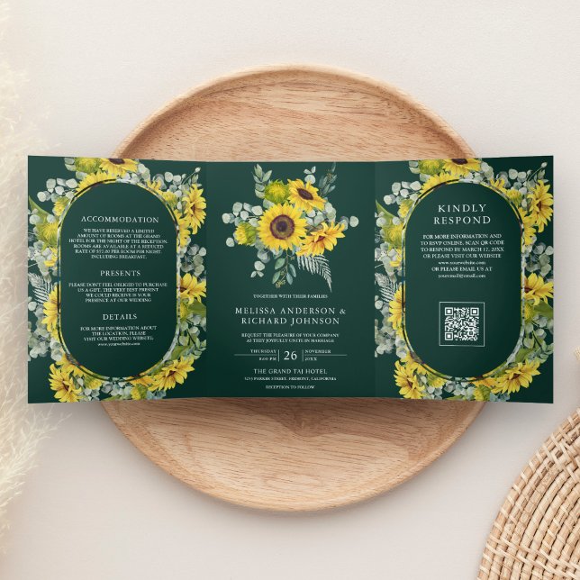 Sunflowers Eucalyptus QR Code Emerald Wedding Tri-Fold Invitation (Creator Uploaded)