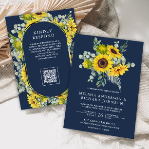 Sunflowers Eucalyptus QR Code Navy Blue Wedding Invitation