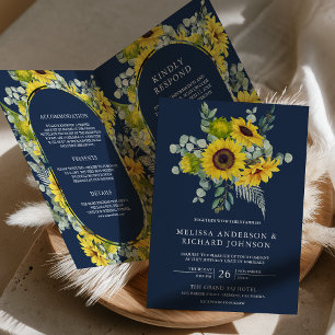 Sunflowers Eucalyptus QR Code Navy Blue Wedding Invitation