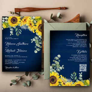 Sunflowers Eucalyptus QR Code Navy Blue Wedding Invitation