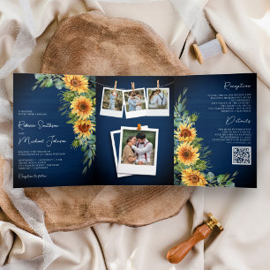 Sunflowers Eucalyptus QR Code Navy Blue Wedding Tri-Fold Invitation