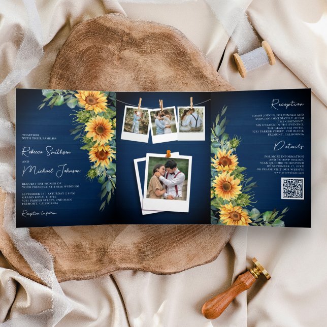 Sunflowers Eucalyptus QR Code Navy Blue Wedding Tri-Fold Invitation (Creator Uploaded)