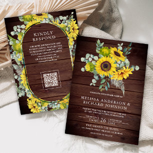 Sunflowers Eucalyptus QR Code Wood Wedding Invitation