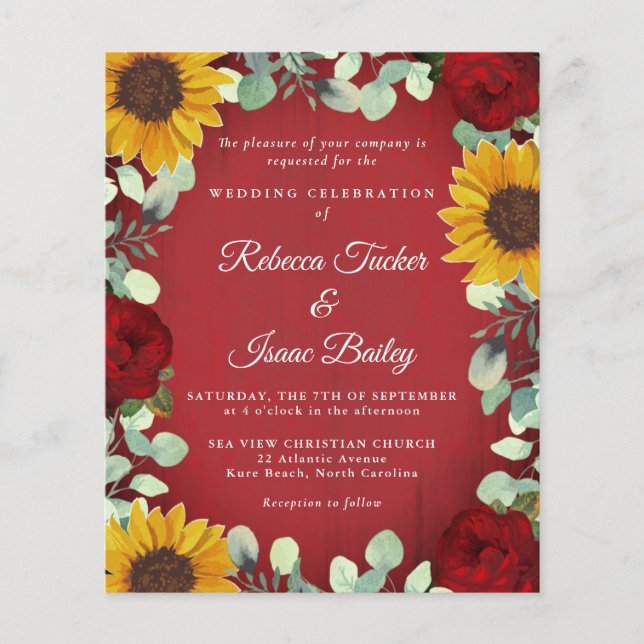 Sunflowers Eucalyptus Red Rose Wood Budget Wedding (Front)