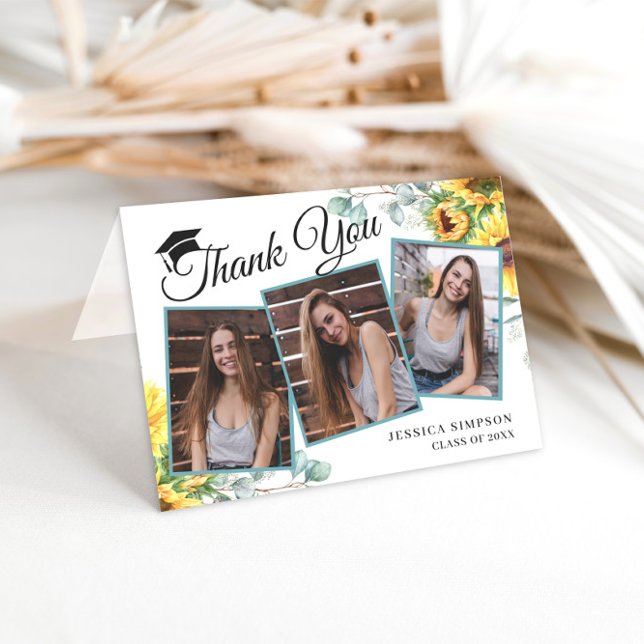 Sunflowers Eucalyptus Rustic 3 PHOTO Graduation Th Thank You Card (Creator Uploaded)