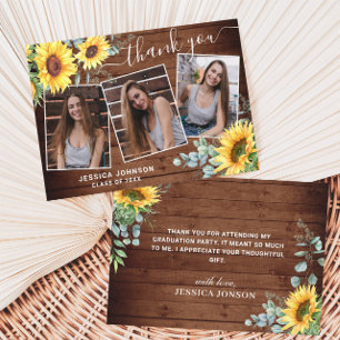 Sunflowers Eucalyptus Rustic 3 PHOTO Graduation Thank You Card