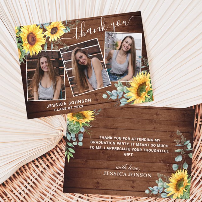 Sunflowers Eucalyptus Rustic 3 PHOTO Graduation Thank You Card (Creator Uploaded)