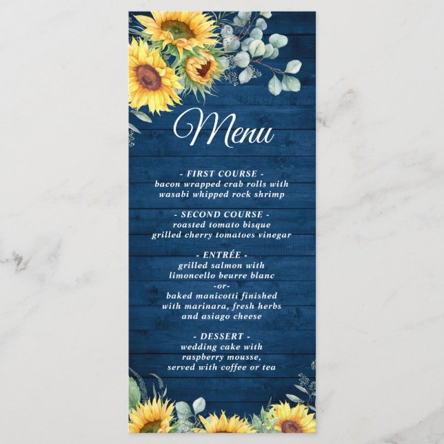 Sunflowers Eucalyptus Rustic Blue Wood Wedding Menu (Front)