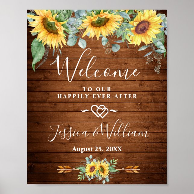 Sunflowers Eucalyptus Rustic Wedding Welcome Sign (Front)