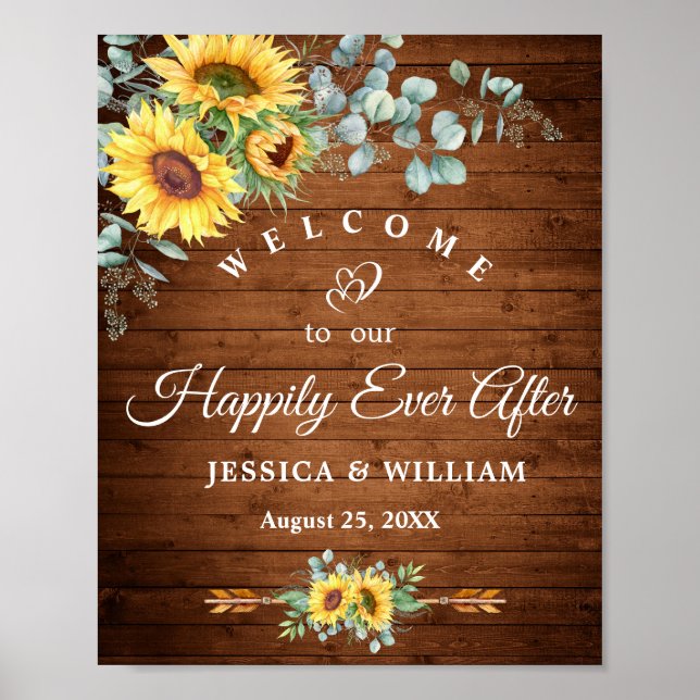 Sunflowers Eucalyptus Rustic Wedding Welcome Sign (Front)