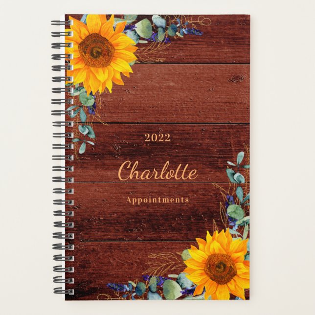 Sunflowers eucalyptus rustic wood monogram 2025 planner (Front)