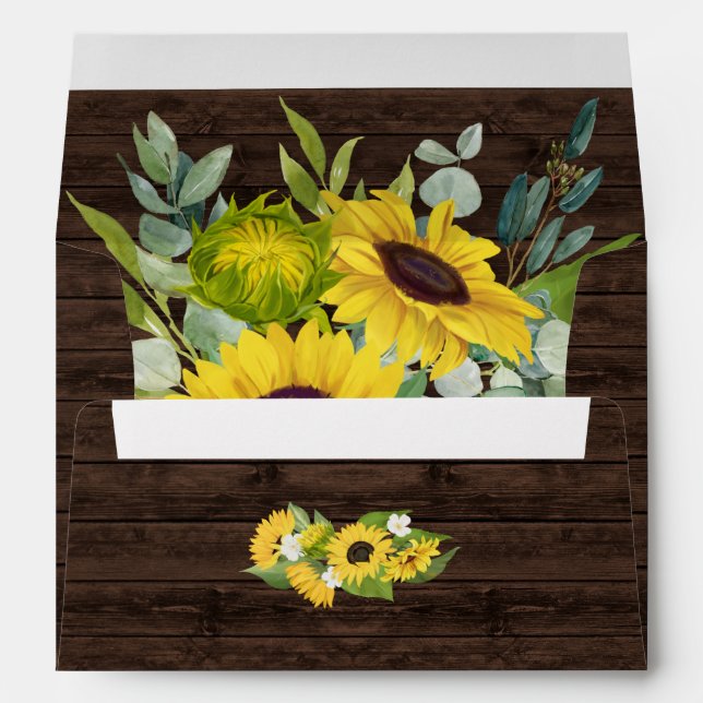 Sunflowers & Eucalyptus Rustic Wood Wedding Envelope (Back (Bottom))