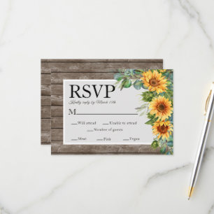 Sunflowers Eucalyptus Rustic Wood Wedding RSVP Card