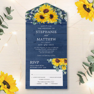 Sunflowers Eucalyptus String Lights Navy Wedding All In One Invitation