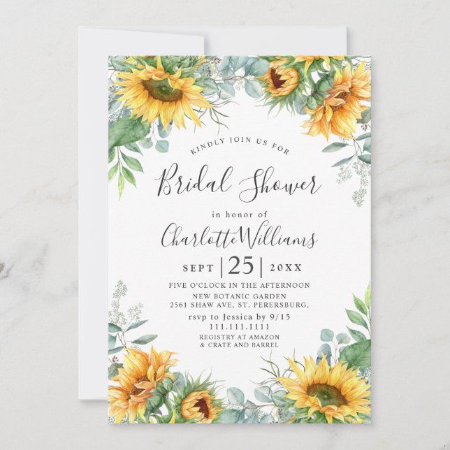 Sunflowers Eucalyptus Watercolor Bridal Shower Invitation (Front)